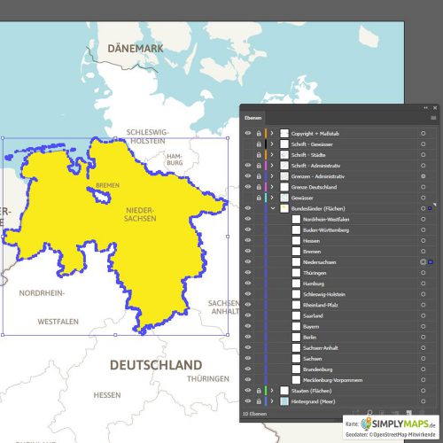 Vektor-Landkarte Deutschland mit Bundesländern (JPG, PDF, AI) - Illustrator-Ebenen