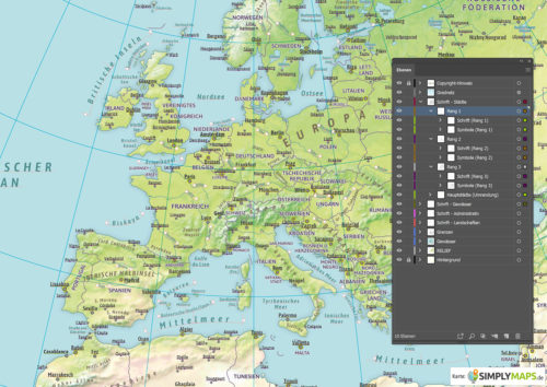 Vektor-Landkarte Europa Physisch (JPG, PDF, AI) - Illustrator-Ebenen