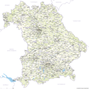 Bayern Karte mit Landkreisen - Beschriftete Städte und Ortschaften. Kostenloses JPG. PDF zum ausdrucken. Editierbare Vektorgrafik mit Ebenen (Illustrator- und SVG-Datei).