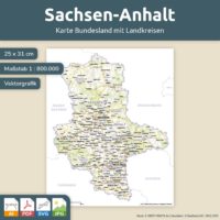 Landkarte Sachsen-Anhalt mit Landkreisen. Kostenloses JPG. PDF zum ausdrucken. Editierbare Vektorgrafik mit Ebenen (Illustrator- und SVG-Datei).