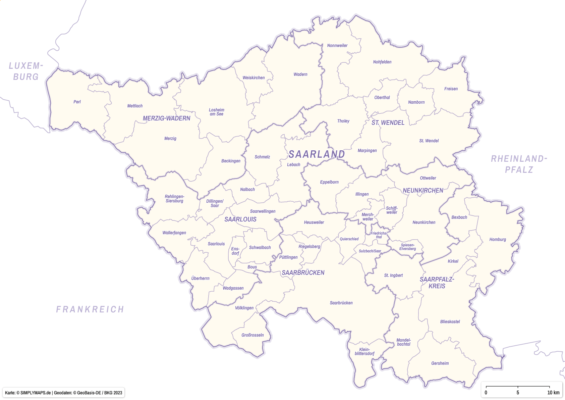 Saarland (DIN A4) Karte mit Landkreisen - Grenzen mit Kreisen, Gemeinden und Bundesland. Kostenloses JPG. PDF zum ausdrucken. Editierbare Vektorgrafik mit Ebenen (Illustrator- und SVG-Datei).