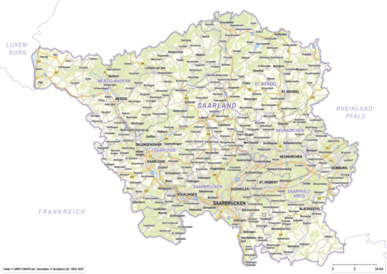 Saarland (DIN A4) Karte mit Landkreisen - Komplett mit Städten, Orten und Verkehrsnetz. Kostenloses JPG. PDF zum ausdrucken. Editierbare Vektorgrafik mit Ebenen (Illustrator- und SVG-Datei).