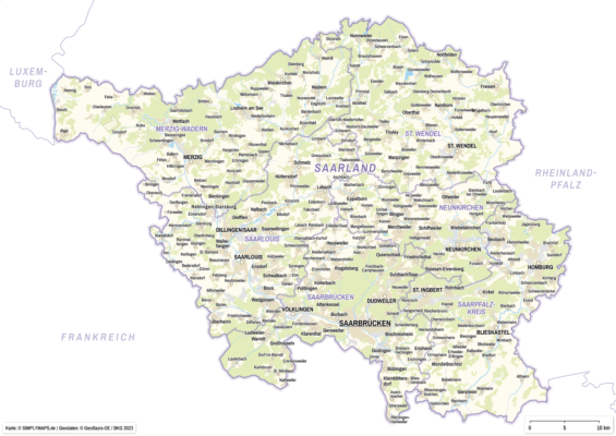 Saarland (DIN A4) Karte mit Landkreisen - Beschriftete Städte und Ortschaften. Kostenloses JPG. PDF zum ausdrucken. Editierbare Vektorgrafik mit Ebenen (Illustrator- und SVG-Datei).