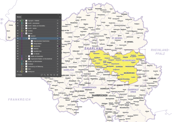 Saarland (DIN A4) Karte mit Landkreisen - Editierbare Inhalte mit Ebenen. Kostenloses JPG. PDF zum ausdrucken. Editierbare Vektorgrafik mit Ebenen (Illustrator- und SVG-Datei).