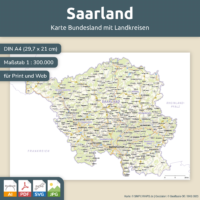 Landkarte Bundesland Saarland (DIN A4) mit Landkreisen. Kostenloses JPG. PDF zum ausdrucken. Editierbare Vektorgrafik mit Ebenen (Illustrator- und SVG-Datei).