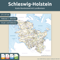 Schleswig-Holstein Karte - Bundesland und Landkreise. Kostenloses JPG. PDF zum ausdrucken. Editierbare Vektorgrafik mit Ebenen (Illustrator- und SVG-Datei).