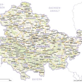 Thüringen Karte Komplett (DIN A4) mit Landkreisen - Verkehrsnetz / Straßen. Kostenloses JPG. PDF zum ausdrucken. Editierbare Vektorgrafik mit Ebenen (Illustrator- und SVG-Datei).