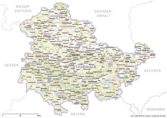 Thüringen Karte Komplett (DIN A4) mit Landkreisen - Verkehrsnetz / Straßen. Kostenloses JPG. PDF zum ausdrucken. Editierbare Vektorgrafik mit Ebenen (Illustrator- und SVG-Datei).