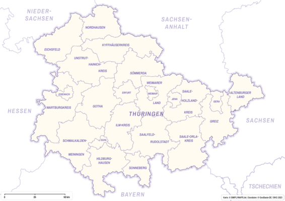 Thüringen Karte (DIN A4) mit Landkreisen - Grenzen mit Kreisen und Bundesland. Kostenloses JPG. PDF zum ausdrucken. Editierbare Vektorgrafik mit Ebenen (Illustrator- und SVG-Datei).