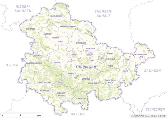 Thüringen Karte (DIN A4) mit Landkreisen - Wälder, Siedlungsflächen, Gewässer. Kostenloses JPG. PDF zum ausdrucken. Editierbare Vektorgrafik mit Ebenen (Illustrator- und SVG-Datei).
