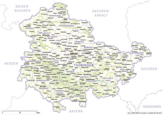 Thüringen Karte (DIN A4) mit Landkreisen - Landkreise, Städte und Ortschaften. Kostenloses JPG. PDF zum ausdrucken. Editierbare Vektorgrafik mit Ebenen (Illustrator- und SVG-Datei).