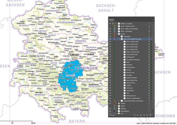 Thüringen Karte (DIN A4) mit Landkreisen - Editierbare Inhalte mit Ebenen. Kostenloses JPG. PDF zum ausdrucken. Editierbare Vektorgrafik mit Ebenen (Illustrator- und SVG-Datei).