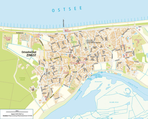 Ortsplan Freizeitkarte Tourismuskarte Zingst an der Ostsee. Mit Straßennamen und touristischen Einrichtungen.