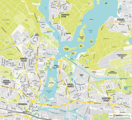 Stadtplan Ausschnitt Berlin Stadtteilkarte Spandau mit bearbeitbaren Inhalten und Texte. Für Adobe Illustrator. EPS, SVG, PDF.