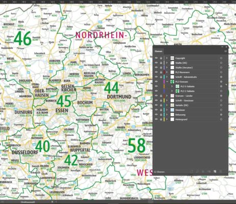 Postleitzahlen-Karte Nordrhein-Westfalen Bundesland Deutschland Wandkarte erstellen lassen. Vektor-Datei bearbeitbar mit Ebenen.