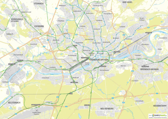 Stadtplan Großraum Region Frankfurt am Main mit ÖPNV-Netz Bahnlinien Verkehrsnetz und Flughafen