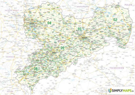 PLZ-Karte Bundesland Sachsen erstellen drucken lassen als Wandkarte