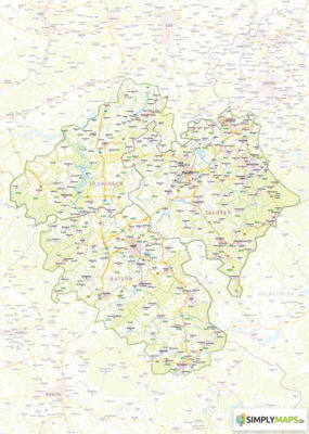 Karte mit PLZ-Gebieten Regiokarte Sachsen Bayern Thüringen erstellen lassen drucken als Wandkarte