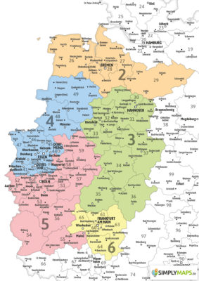 Vertriebsgebietskarte Land NRW Niedersachsen Rheinland-Pfalz mit PLZ-Gebieten farbig erstellen drucken lassen als Wandkarte