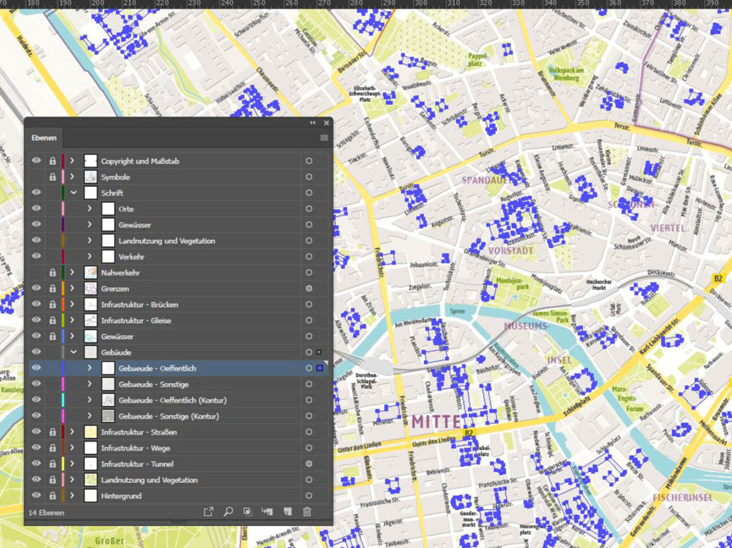 Editierbare Ebenen Stadtplan Adobe Illustrator EPS. Straßen, Gebäude, Symbole, Schriften mit Textpfaden.