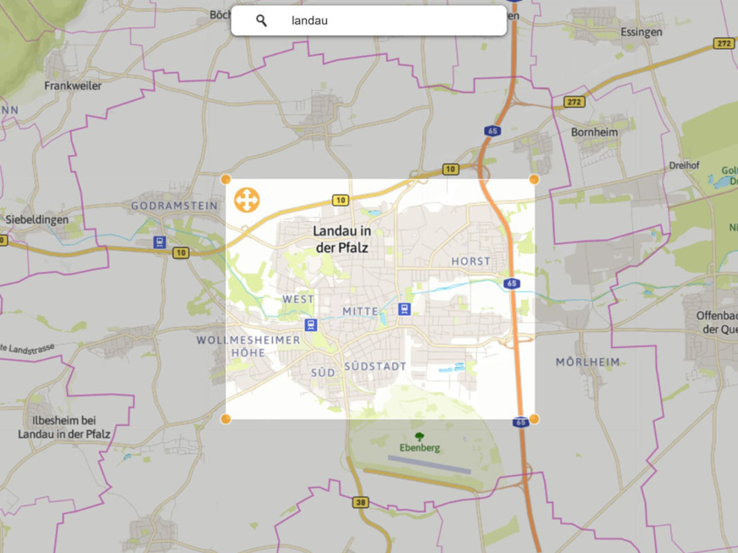 Stadtplan Ortsplan eigener Ausschnitt definieren. Für den Druck als Faltplan oder Wandkarte.