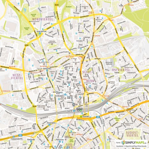 Vektor-Stadtplan Essen Mitte (JPG, PDF, AI) - Detailansicht
