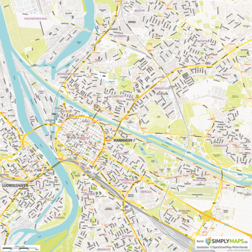Vektor-Stadtplan Mannheim (JPG, PDF, AI) - Gesamter Ausschnitt
