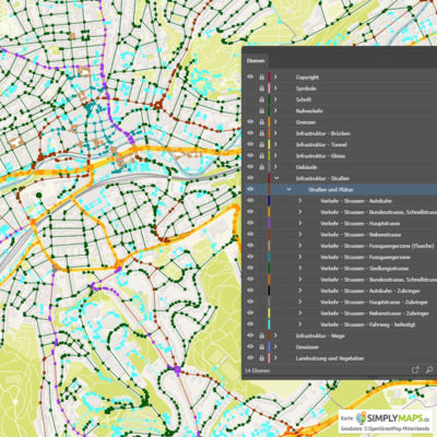 Vektor-Stadtplan Wuppertal (JPG, PDF, AI) - Illustrator-Ebenen