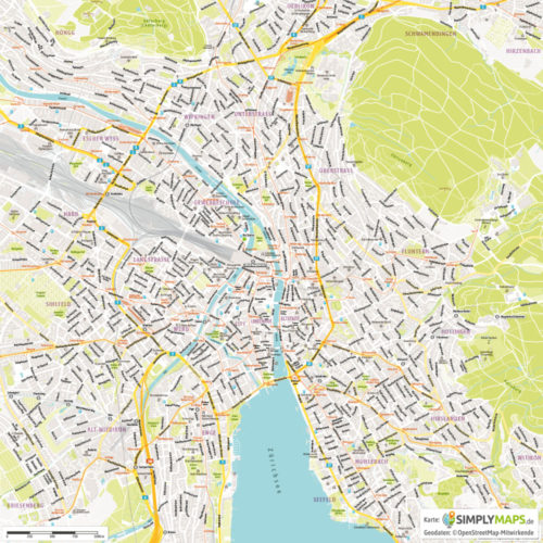 Vektor-Stadtplan Zürich (JPG, PDF, AI) - Gesamter Ausschnitt