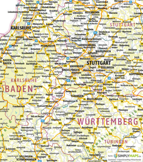 Landkarte / Straßenkarte Baden-Württemberg - Vektor Download (AI,PDF, JPG) - Illustrator Ebenen