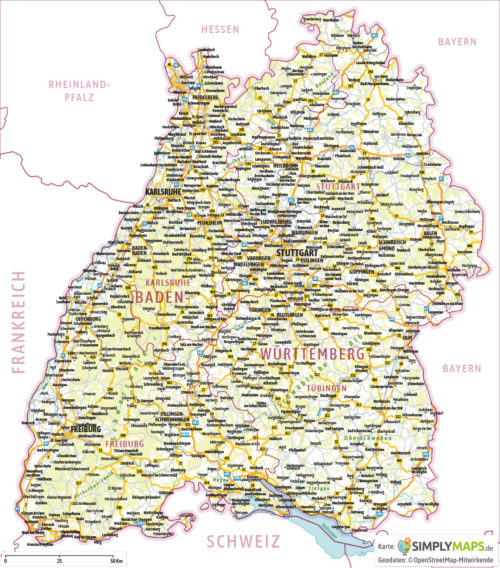 Landkarte / Straßenkarte Baden-Württemberg - Vektor Download (AI,PDF, JPG) - Gesamter Ausschnitt