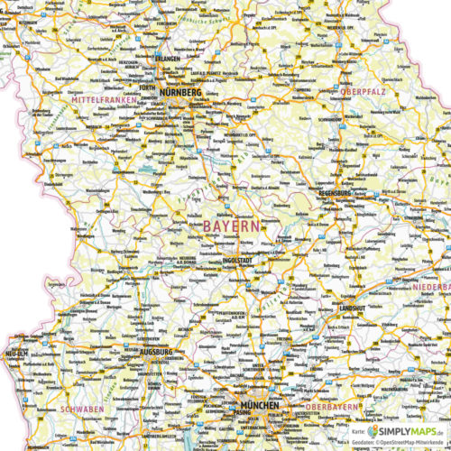 Landkarte / Straßenkarte Bayern - Vektor Download (AI,PDF, JPG) - Detailansicht