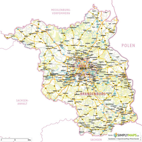 Landkarte / Straßenkarte Brandenburg Berlin - Vektor Download (AI,PDF, JPG) - Gesamter Ausschnitt