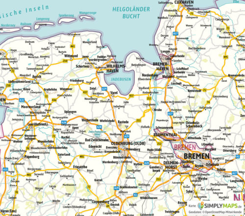 Landkarte / Straßenkarte Niedersachsen und Bremen - Vektor Download (AI,PDF, JPG) - Detailansicht