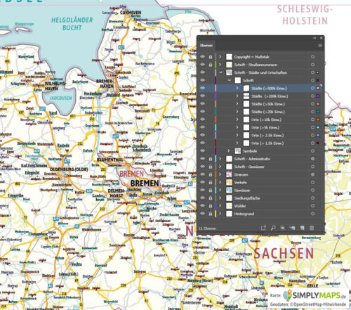 Landkarte / Straßenkarte Niedersachsen und Bremen - Vektor Download (AI,PDF, JPG) - Illustrator-Ebenen