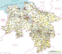 Landkarte / Straßenkarte Niedersachsen und Bremen - Vektor Download (AI,PDF, JPG) - Gesamter Ausschnitt
