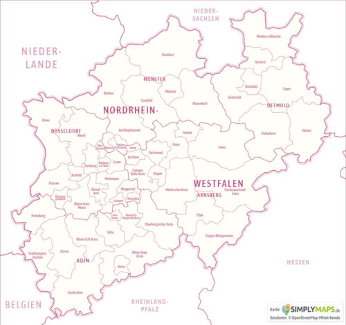 Politische / Administrative Karte Nordrhein-Westfalen - Vektor Download (JPG, PDF, AI) - Bezirke und Landkreise