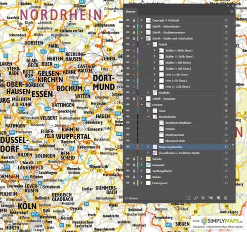 Landkarte / Straßenkarte Nordrhein-Westfalen - Vektor Download (AI,PDF, JPG) - Illustrator-Ebenen