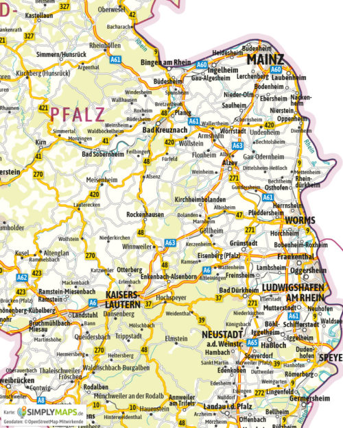 Landkarte / Straßenkarte Rheinland-Pfalz - Vektor Download (AI,PDF,JPG) - Detailansicht