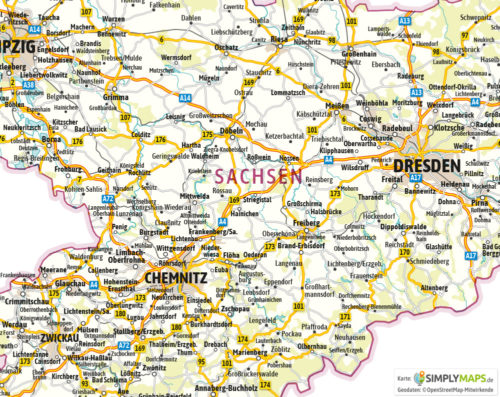 Landkarte / Straßenkarte Sachsen - Vektor Download (AI,PDF,JPG) - Detailansicht