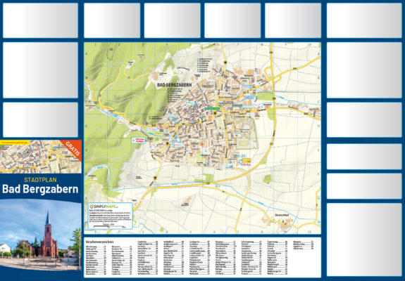 Stadtplan Faltplan erstellen lassen mit Anzeigen und Straßenregister. Layout, Kartografie und Druck.