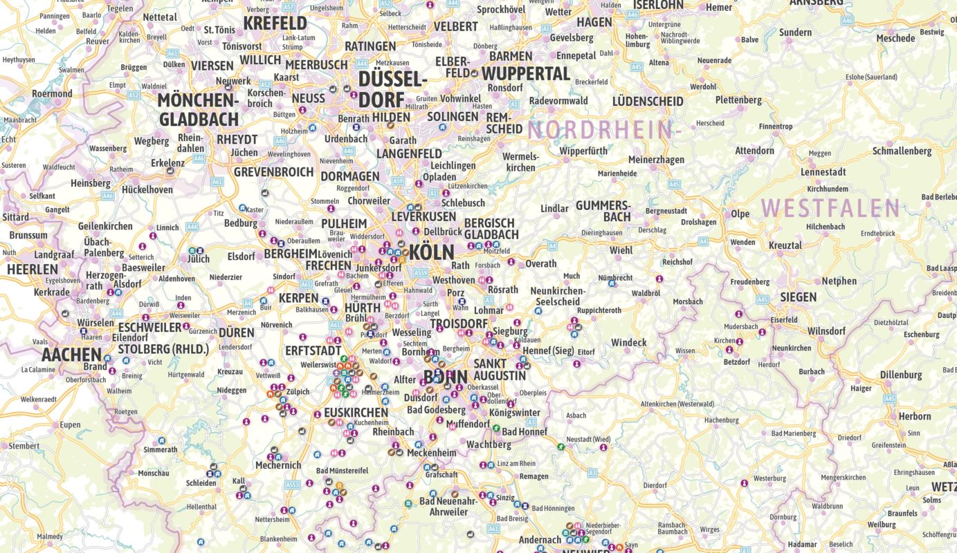 Standortkarte / Wandkarte für Vertrieb und Messen - NRW, Saarland, Rheinland-Pfalz - Großformat