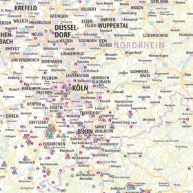Standortkarte / Wandkarte für Vertrieb und Messen - NRW, Saarland, Rheinland-Pfalz - Großformat