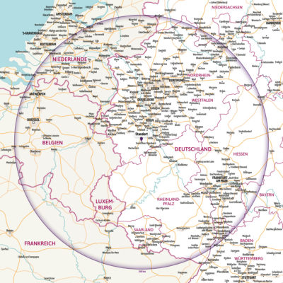 Standortkarte mit Umkreis erstellen lassen. Als PDF, Vektor-Grafik zum Drucken oder gedruckt als Wandkarte.