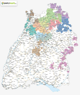 Karte von Baden-Württemberg mit farbigen Vertriebsgebieten nach PLZ-Gebieten. Erstellen lassen als PDf für den Druck oder als Wandkarte gedruckt