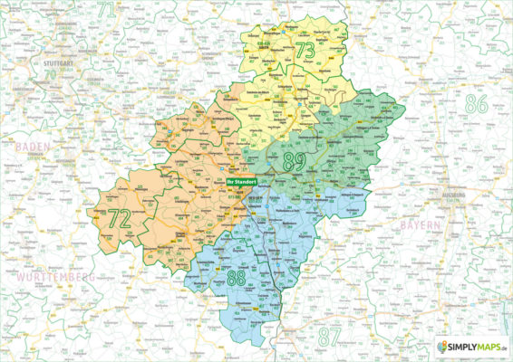 Regiokarte Vertriebskarte PLZ-Karte von Ulm mit farbigen Gebieten hervorgehoben. Als PDF-Download erstellen lassen oder gedruckt als Wandkarte.