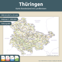 Thüringen Karte (DIN A4) - Bundesland und Landkreise. Kostenloses JPG. PDF zum ausdrucken. Editierbare Vektorgrafik mit Ebenen (Illustrator- und SVG-Datei).